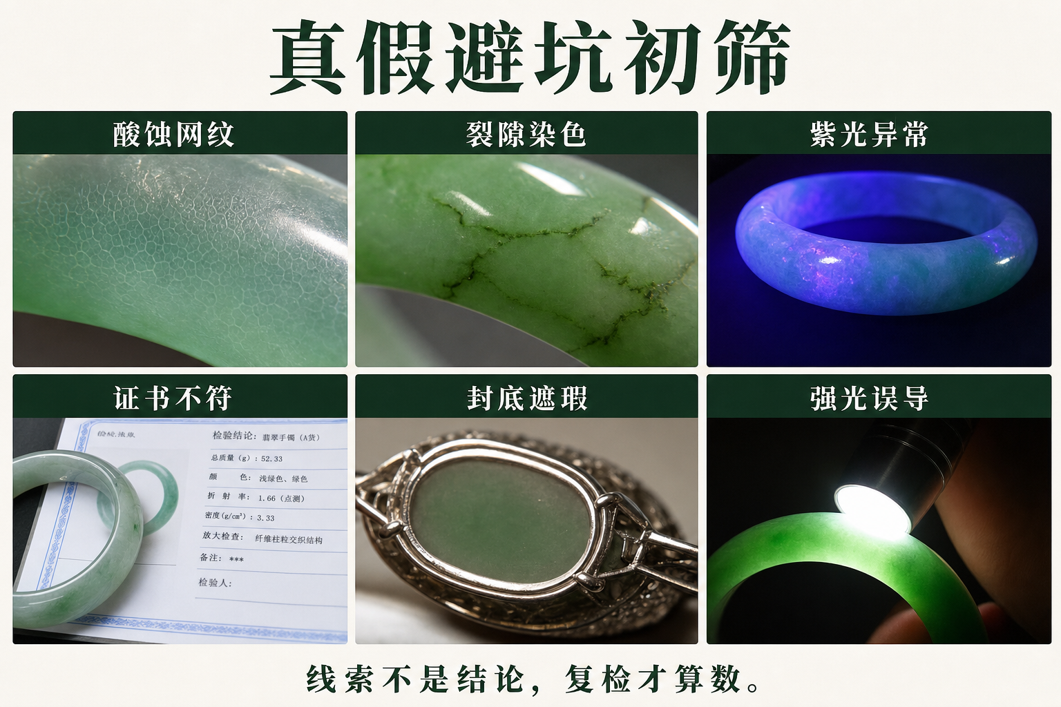 真假避坑初筛参考图，包含酸蚀网纹、裂隙染色、紫光异常、证书不符、封底遮瑕和强光误导