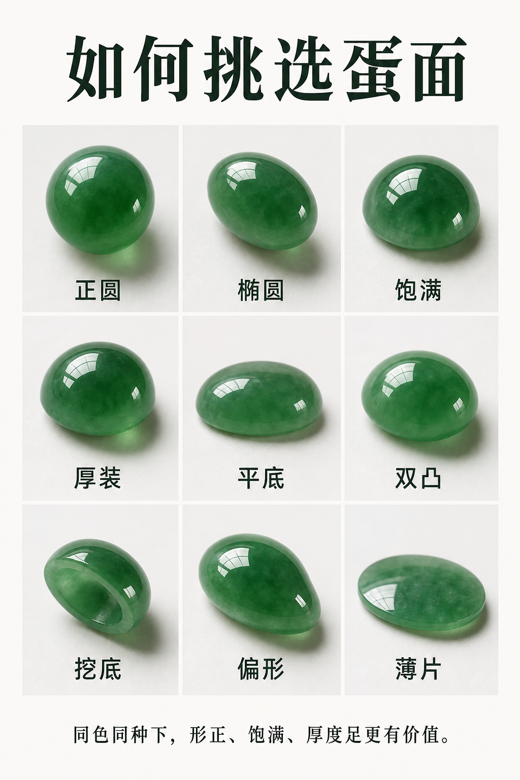 如何挑选翡翠蛋面参考图，包含正圆、椭圆、饱满、厚装、平底、双凸、挖底、偏形、薄片