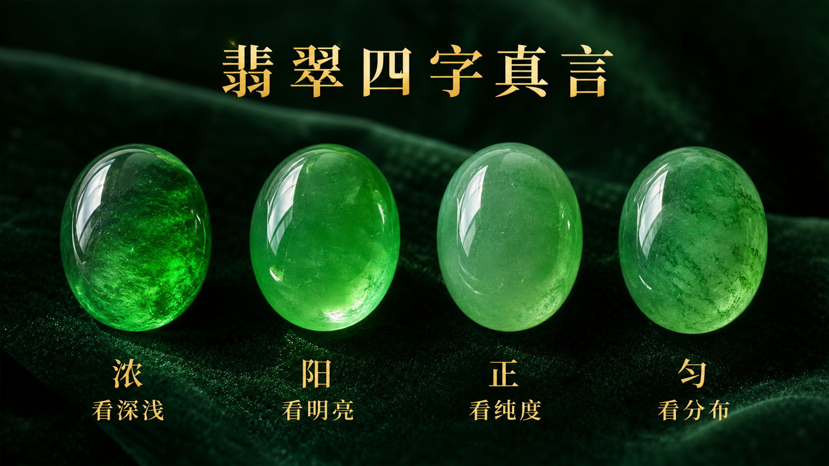 翡翠四字真言参考图，浓看深浅，阳看明亮，正看纯度，匀看分布