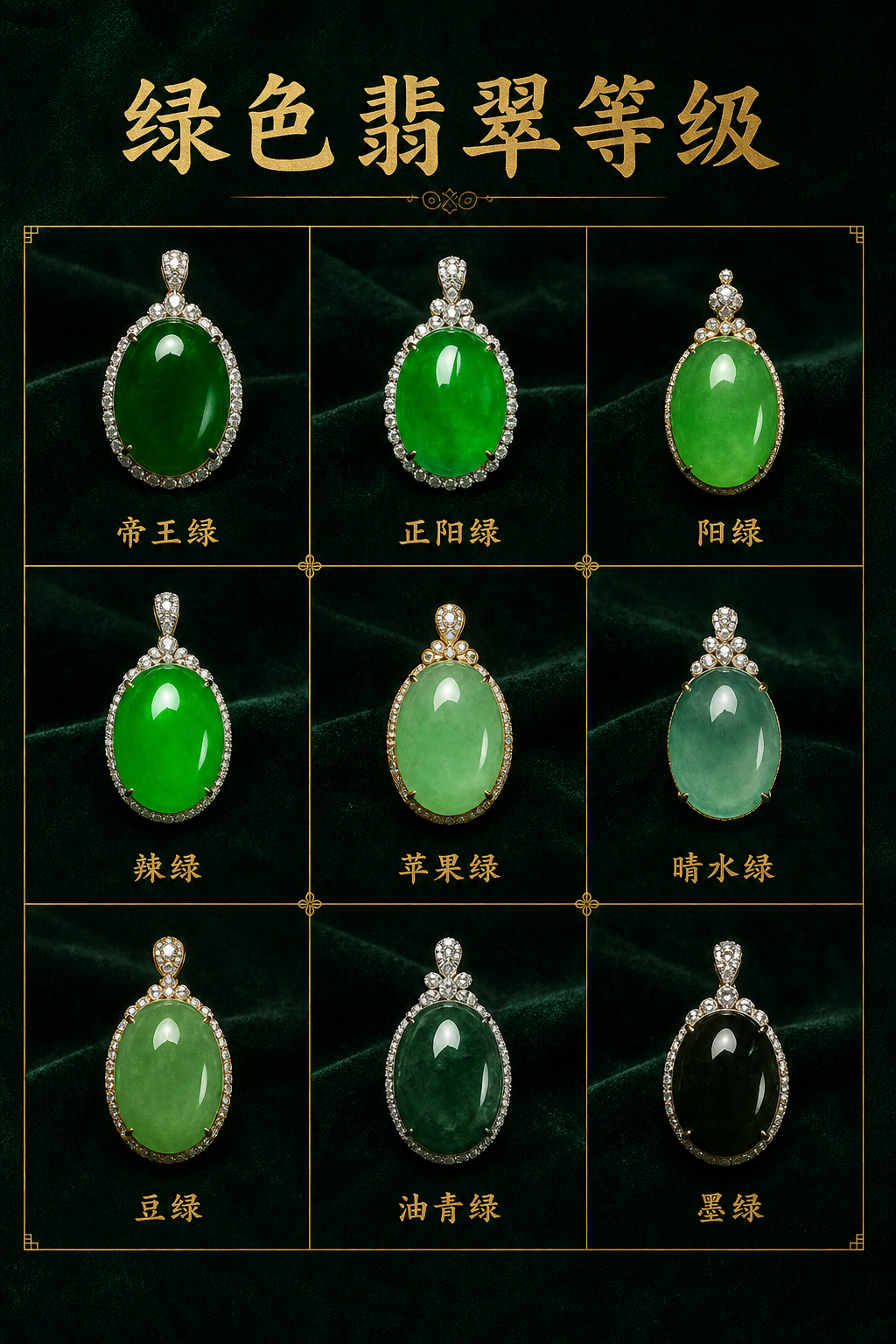 绿色翡翠等级参考图，包含帝王绿、正阳绿、阳绿、辣绿、苹果绿、晴水绿、豆绿、油青绿和墨绿