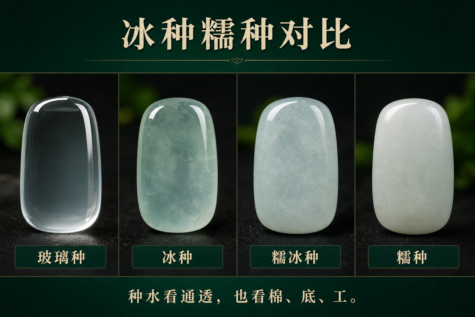 冰种糯种对比图，包含玻璃种、冰种、糯冰种和糯种