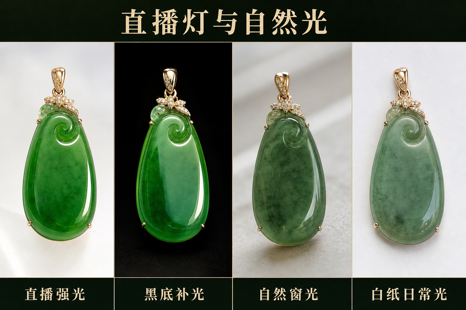 直播灯与自然光对比图，展示直播强光、黑底补光、自然窗光和白纸日常光