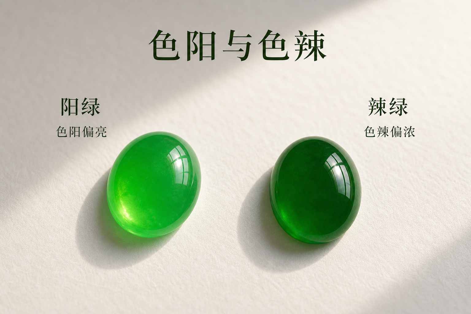 翡翠色阳与色辣对比图，阳绿偏亮，辣绿偏浓