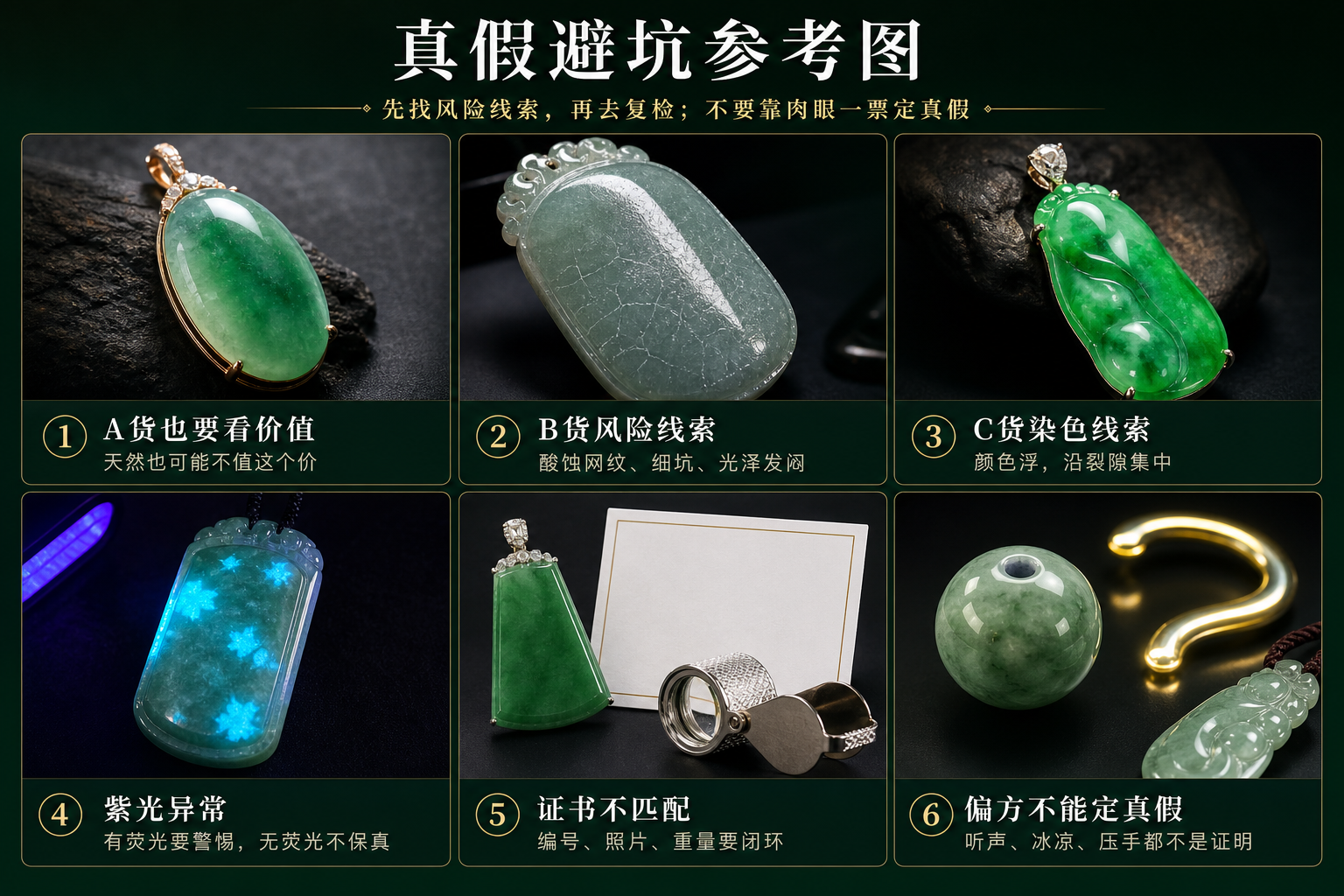 翡翠真假避坑风险初筛参考图，包括A货价值、B货酸蚀、C货染色、紫光异常、证书不匹配和偏方误区