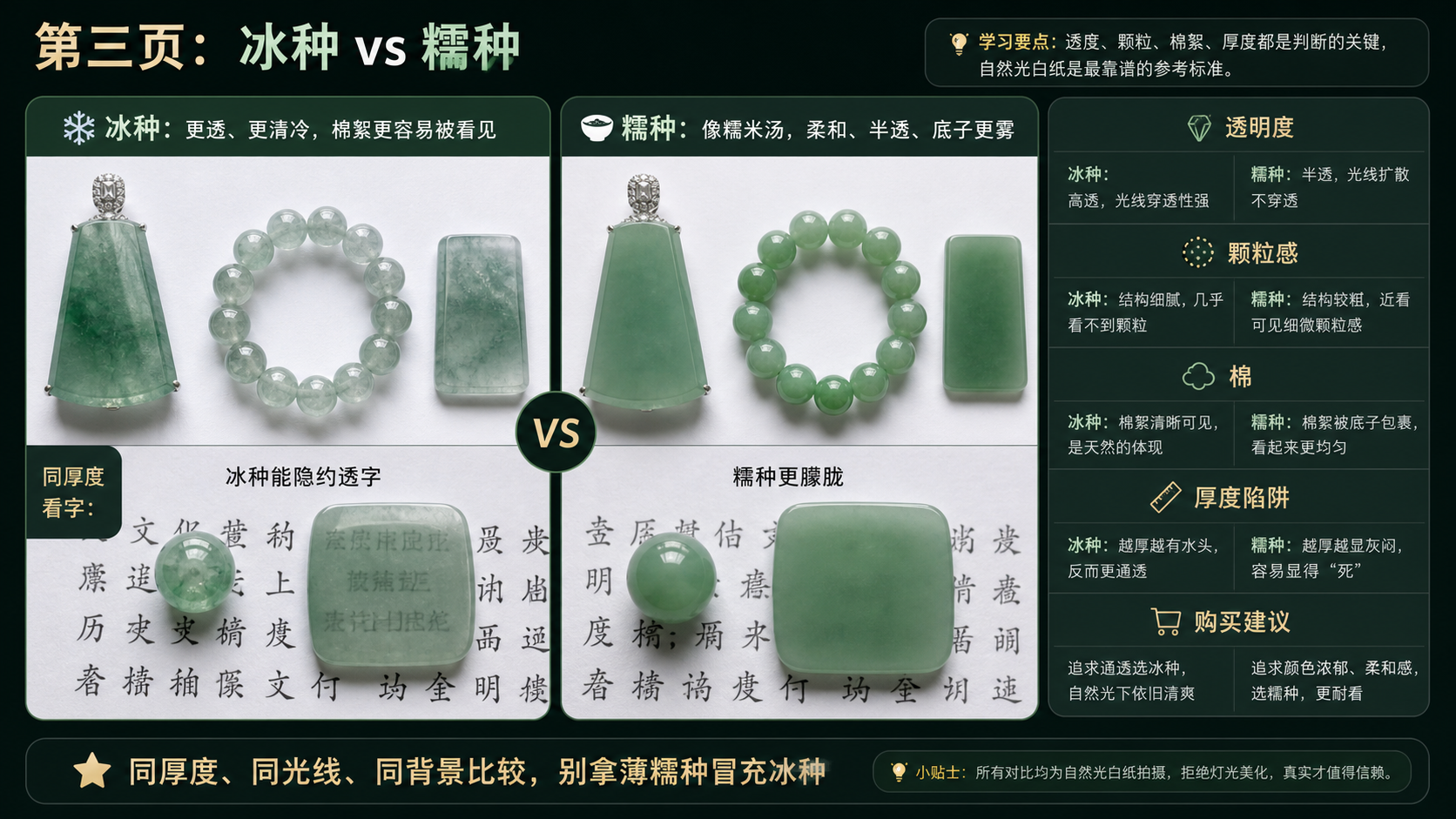 冰种翡翠和糯种翡翠在自然光白纸背景下透明度、颗粒感和棉絮对比图
