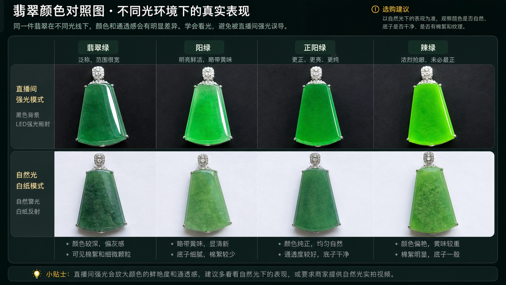 翡翠绿、阳绿、正阳绿和辣绿在直播间强光模式与自然光白纸模式下的颜色对照图