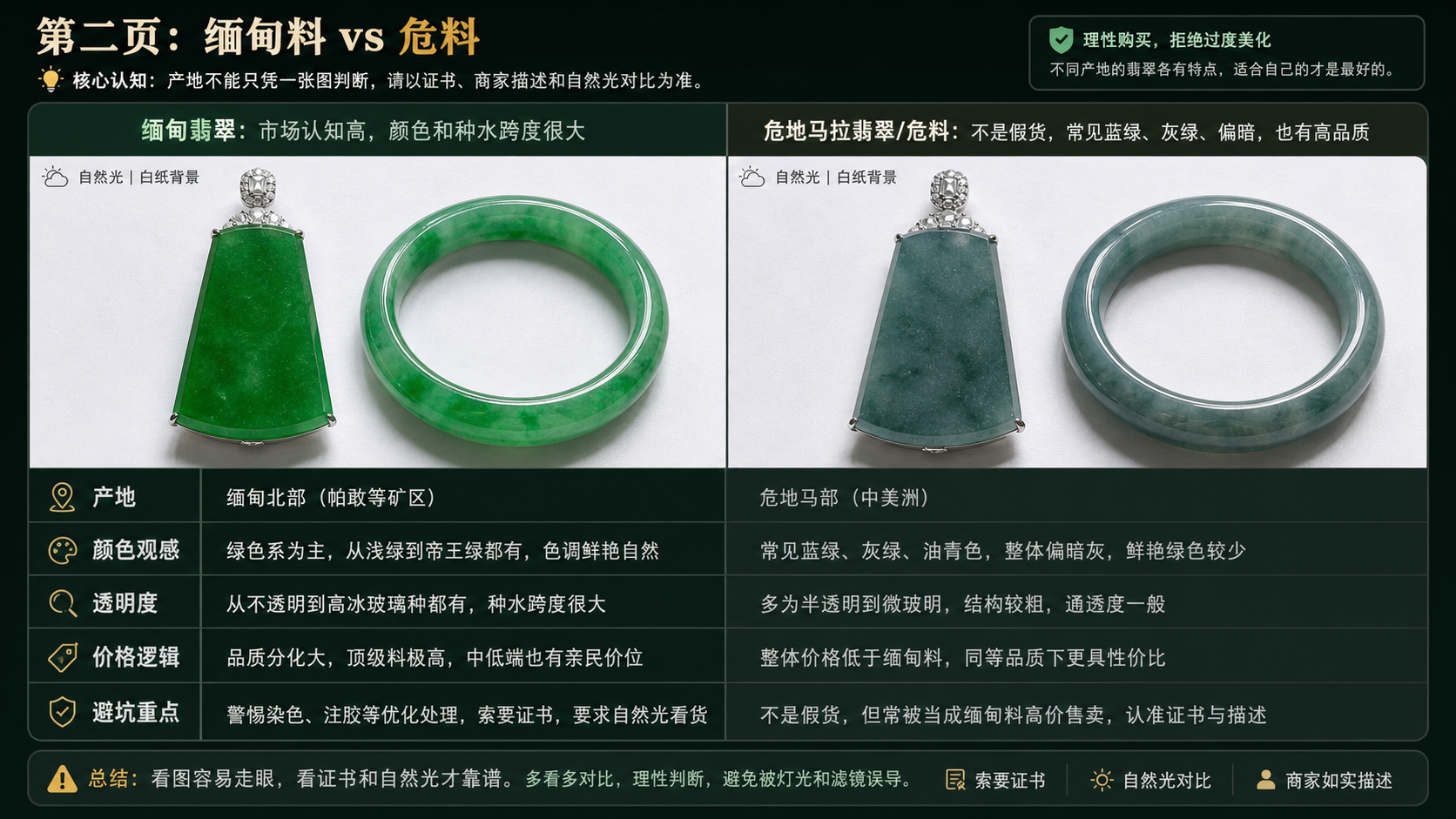 缅甸翡翠和危地马拉翡翠危料在自然光白纸背景下的产地和质感对比图
